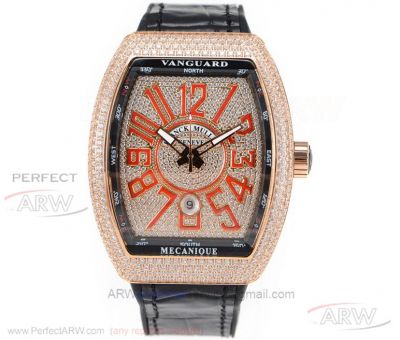 FM Factory Franck Muller Iced Out Vanguard V45 SC DT Rose Gold Case ETA 2824 Automatic Watch